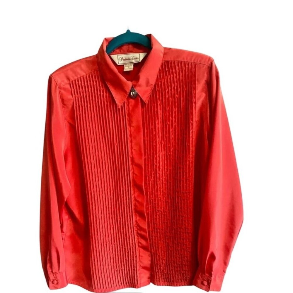 Vintage Red Button-Up Blouse With Shoulder Pads & Pleated Front Design